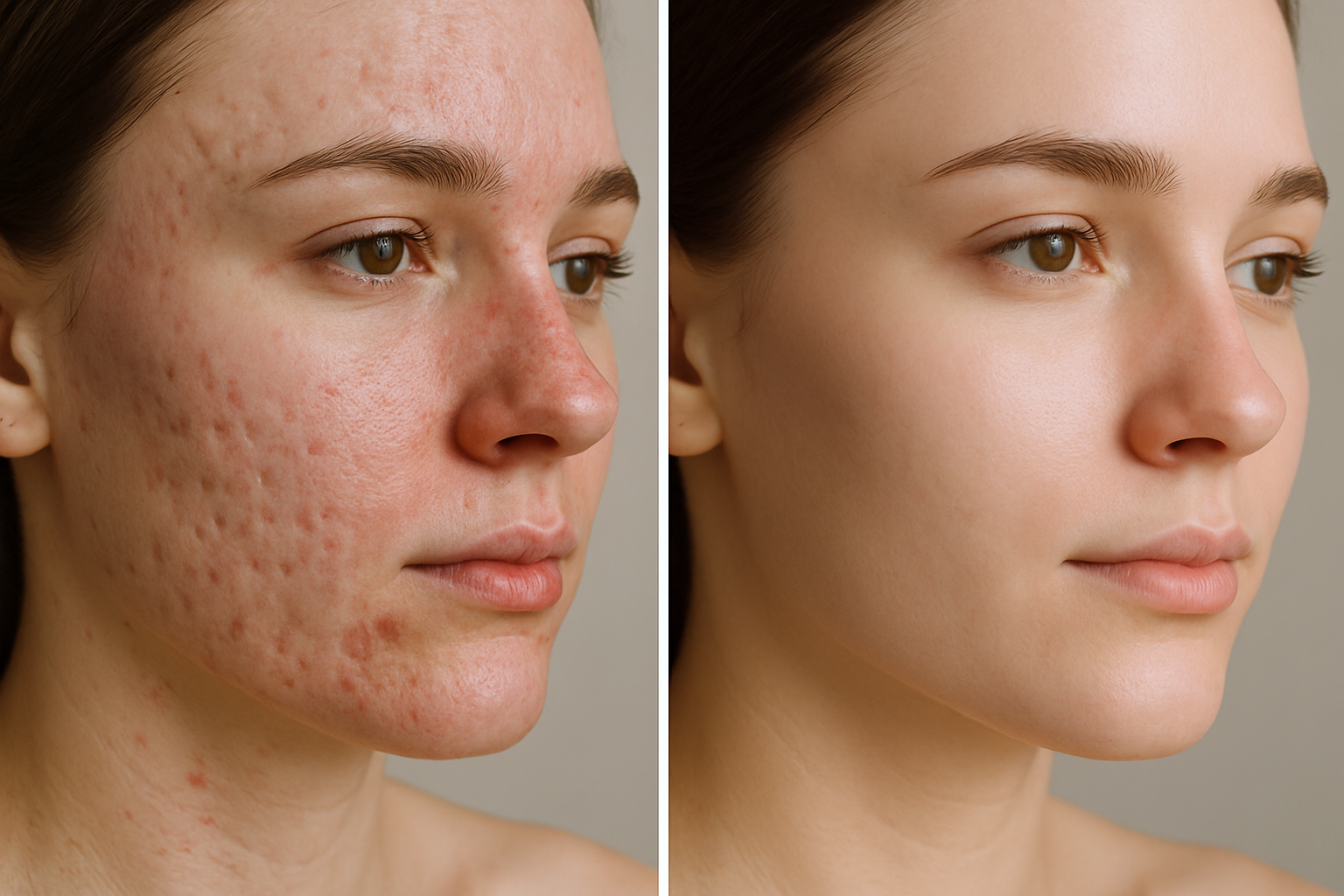 Before and after results of a woman using best natural remedies for acne at home.